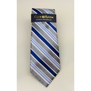 CLUB ROOM 100% Silk Tie Estate Neckwear Seven Stripe‎ Blue White Silver NWT